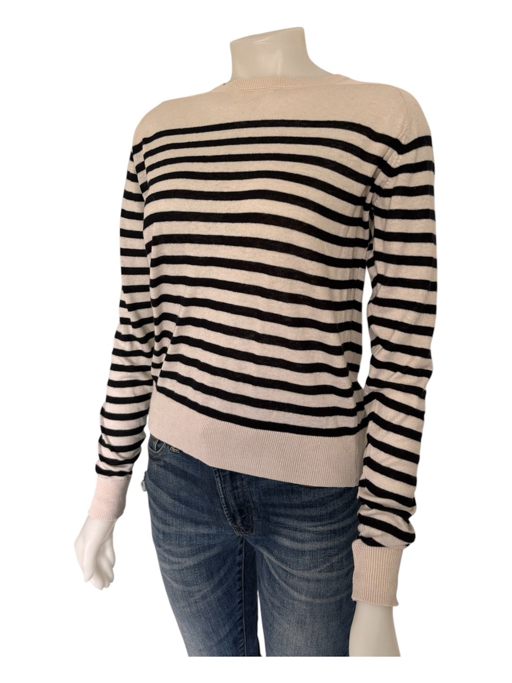 Zara Striped Sweater Small Cream Black Crewneck Knit Long Sleeve Pullover Tops